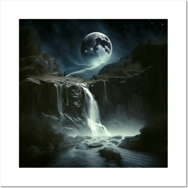 Fantasy world with moon waterfall Wall Art by KK-Royal